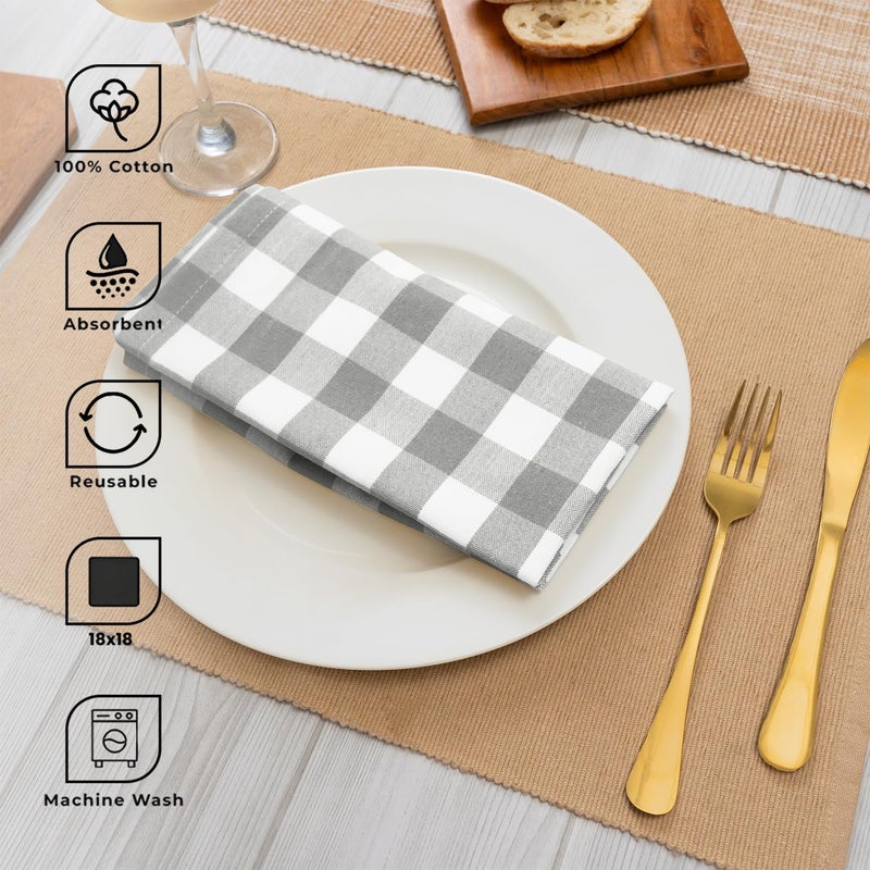 Blue Needles Gingham Buffalo Plaid Cloth Napkins 100% Cotton Set of 12 Dinner Table Napkins 18x18 inch Soft, Reusable, Washable Perfect for Wedding Parties & Everyday Use - Ash Grey & White - Image 4